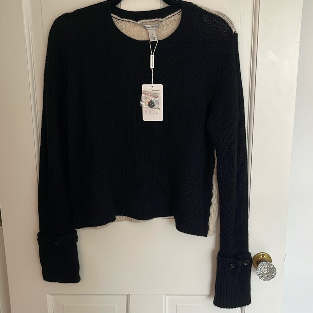 Autumn Cashmere Crème and Black Sweater with Button Detail | M
